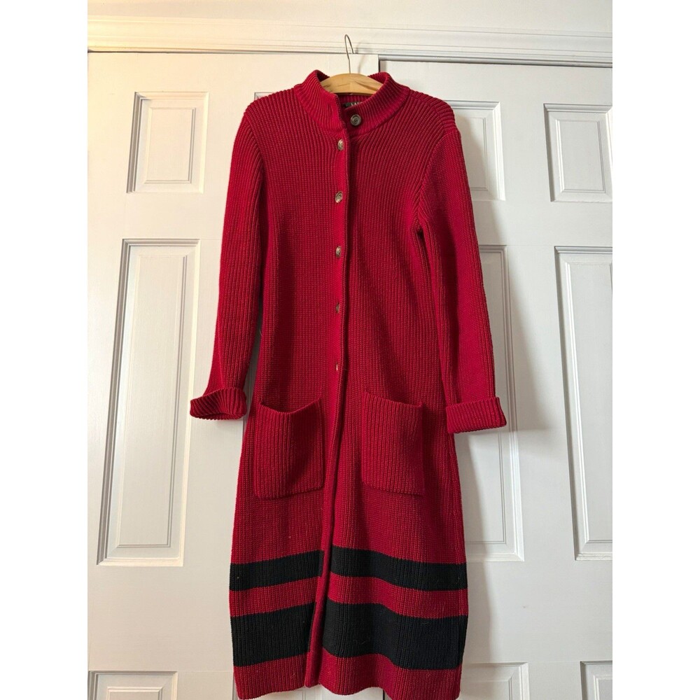 Lauren Ralph Lauren Red Knit Long Duster Cardigan Sweater Dress Stripes Size M